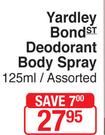 Yardley Bond ST Deodorant Body Spray Assorted-125ml