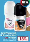 Shield Anti Perspirant Roll On For Men Or Women Assorted-50ml Each