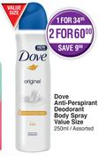 Dove Anti Perspirant Deodorant Body Spray Value Size Assorted-2 x 250ml