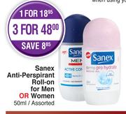 Sanex Anti Perspirant Roll On For Men Or Women Assorted-50ml