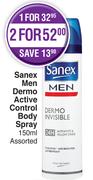 Sanex Men Dermo Active Control Body Spray Assorted-2 x 150ml