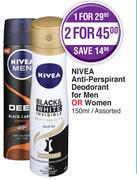 Nivea Anti Perspirant Deodorant For Men Or Women Assorted-2 x 150ml