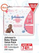 Johnson's Baby Wipes Value Pack Gentle All Over Or Cottontouch 288 Wipes-Per Pack