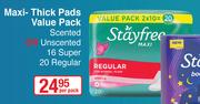 Stayfree Maxi Thick Pads Value Pack Scented Or Unscented 16 Super 20 Regular-Per Pack