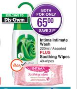 Dis-Chem Intima Intimate Wash Assorted-220ml Plus Soothing Wipes 40 Piece-Both For 