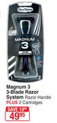 Max Shave Magnum 3 3-Blade Razor System Razor Handle Plus 2 Cartridges