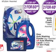Omo Auto Washing Powder-2Kg Or Auto Washing Liquid-1.5Ltr Or 3 In 1 Pods 17 Pack