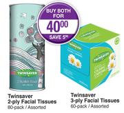 Twinsaver 2 Ply Facial Tissues Assorted-80 Pack Or Twinsaver 3 Ply Facial Tissues 60 Pack-Both For