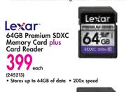 Lexar 64GB Premium SDXC Memory Card + Card Reader-Each