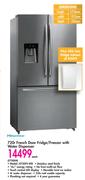 Hisense 720Ltr French Door Fridge/Freezer With Water Dispenser H720FS-WD Plus 130Ltr Bar Fridge-Each