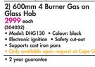 Defy 600mm 4 Burner Gas On Glass Hob DHG130-Each