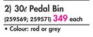 Home Living 30Ltr Pedal Bin In Red Or Grey-Each