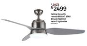 Bright Star 3 Blade 1220mm Satin 2 Light 60W Ceiling Fan With Remote