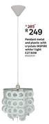 Inspire White 1 Light E27 60W Pendant (Metal & Plastic Crystals)