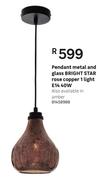 Bright Star Rose Copper 1 Light E14 40W Pendant (Metal & Glass)