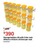 Storage Bottles x18 With 3 Tier Rack W 54cm x H 12cm x D 7.5cm-Per Rack