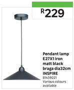 Inspire Braga Matt Black E27 x 1 Iron Pendant Lamp Dia 32cm