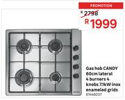 Candy 60cm Lateral 4 Burners 4 Knobs 7.1KW Inox Enameled Grids Gas Hob