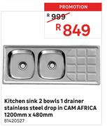 CAM Africa Stainless Steel Drop In 2 Bowls 1 Drainer Kitchen Sink 1200mm x 480mm