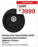 Frasa Latifa Composite Stone 45 Black 1 Bowl Kitchen Sink 490mm x 470mm