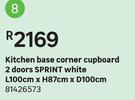 Sprint White 2 Doors Kitchen Base Corner Cupboard L100cm x H87cm x D100cm