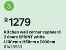 Sprint White 2 Doors Kitchen Wall Corner Cupboard L100cm x H58cm x D100cm