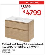 Cabinet Wall Hung 2 Drawer Natural Oak W90cm x D48cm x H62.5cm
