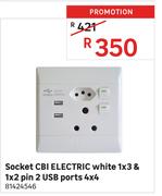 CBI Electric White 1x3 & 1x2 Pin 2 USB Ports 4x4 Socket