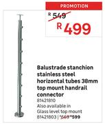 Balustrade Stanchion Stainless Steel Horizontal Tubes 38mm Glass Level Top Mount Handrail Connector