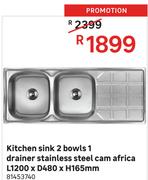 Cam Africa Stainless Steel 2 Bowls 1 Drainer Kitchen Sink L1200 x D480 x H165mm