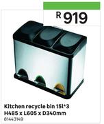 Kitchen Recycle Bin 15L 3 H485 x L605 x D340mm