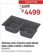 Elbe Resin Black 2 Bowls Kitchen Sink L860 x D500 x H205mm