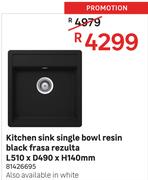 Frasa Rezulta Resin Black Single Bowl Kitchen Sink L510 x D490 x H140mm