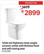 Mykonos Close Couple Ceramic White With Rimless Flush & Soft Closing Seat Toilet Seat