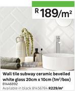 Wall Tile Subway Ceramic Bevelled Black Gloss 20cm x 10cm (1 Sqm/Box)-Per Sqm
