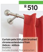 Curtain Pole D28 Glam Brushed Chrome Extendable From 240cm-400cm