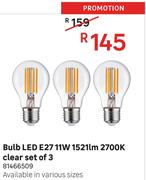 Bulb LED E27 11W 1521lm 2700K Clear Set Of 3