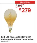 Lexman Amber A60 E27 4.9W 470lm 2000K 360D Filament LED Bulb