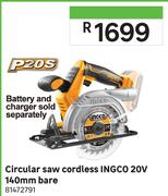 Ingco Circular Saw (Cordless) 20V 140mm Bare