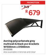 Awning Polycarbonate Grey Multiwall & Black PVC Brackets W 1500mm x D1000mm
