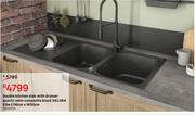 Delinia Double Kitchen Sink With Drainer Quartz Resin Composite Black Elbe L116cm x W50cm 81456536