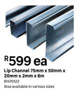 Lip Channel 75mm x 50mm x 20mm x 2mm x 6m-Each