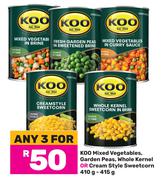 Koo Mixed Vegetables, Garden Peas, Whole Kernel Or Cream Style Sweetcorn-For 3 x 410g-415g