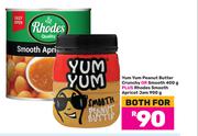 Yum Yum Peanut Butter Crunchy Or Smooth 400g Plus Rhodes Smooth Apricot Jam 900g-Both For