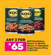 Koo Red Kidney Beans Or Butter Beans Or Speckled Sugar Beans Assorted-For Any 3 x 410g