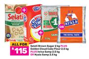 Selati Brown Sugar 2Kg+Golden Cloud Cake Flour 2.5Kg+Iwisa Samp 2.5Kg+Nyala Samp 2.5Kg-All For