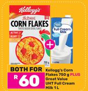 Kellogg's Corn Flakes 750g Plus Great Value UHT Full Cream Milk-1L Both For