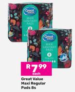 Great Value Maxi Regular Pads-8's Pack Each
