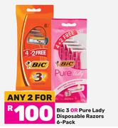 Bic 3 Or Pure Lady Disposable Razors (6's Pack)-For Any 2