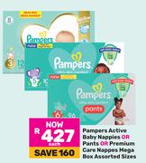 Pampers Active Or Baby Nappies Or Pants Or Premium Care Nappes Mega Box (Assorted Sizes)-Each